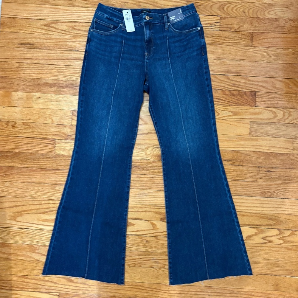 EXPRESS Mid Rise Dark Wash Pintuck Raw Hem FlexX '70s Flare Jeans L 12 14 16 NWT
